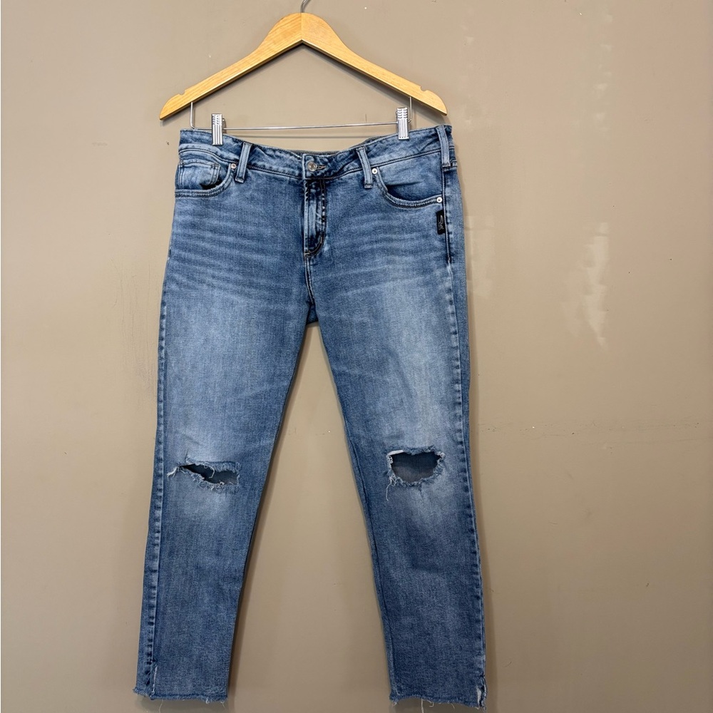 SILVER Distressed Knees & Ankles Blue Jeans